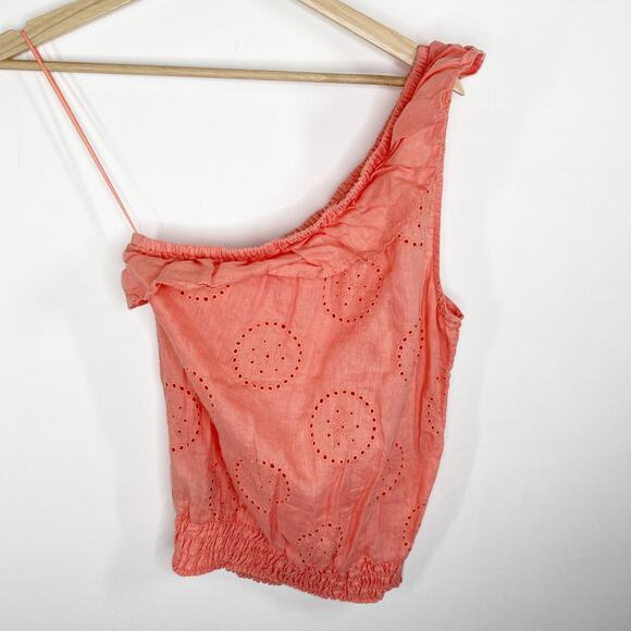 Express Salmon Peach Pink One Shoulder Ruffle 100% Linen Top Women's Size Medium - Picture 2 of 7